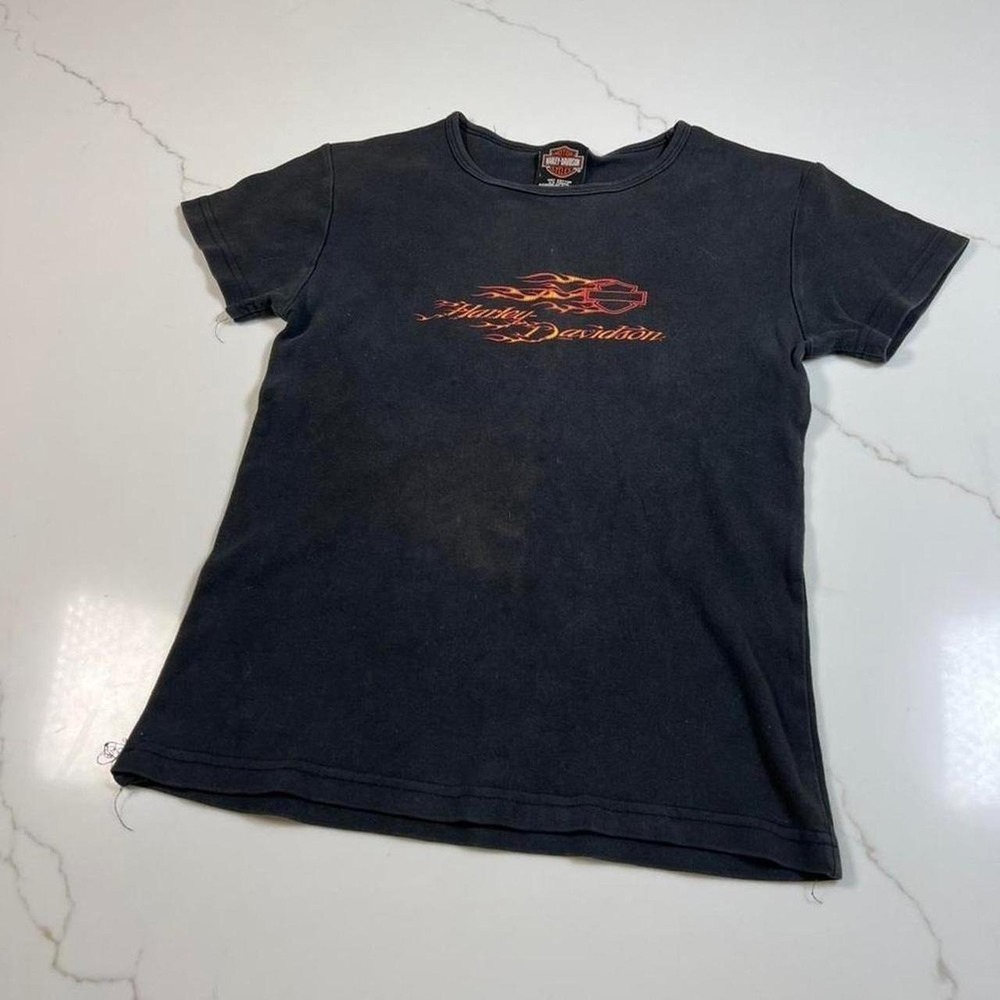 Harley Davidson Vintage Y2K Flame Graphic Tee Faded Black Wabash Valley Large